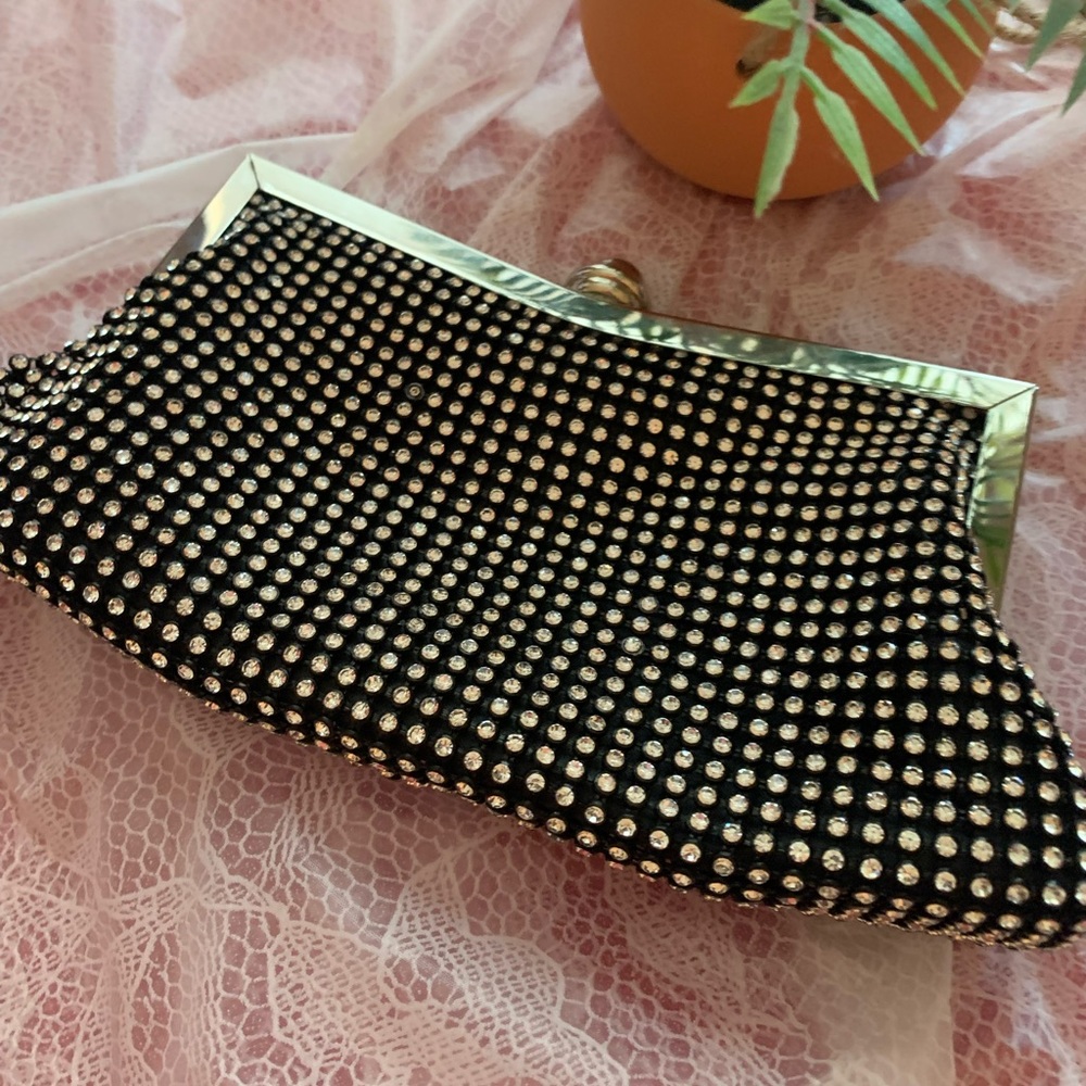 NWOT Elegant Black Evening Clutch with Real-Looking Stones